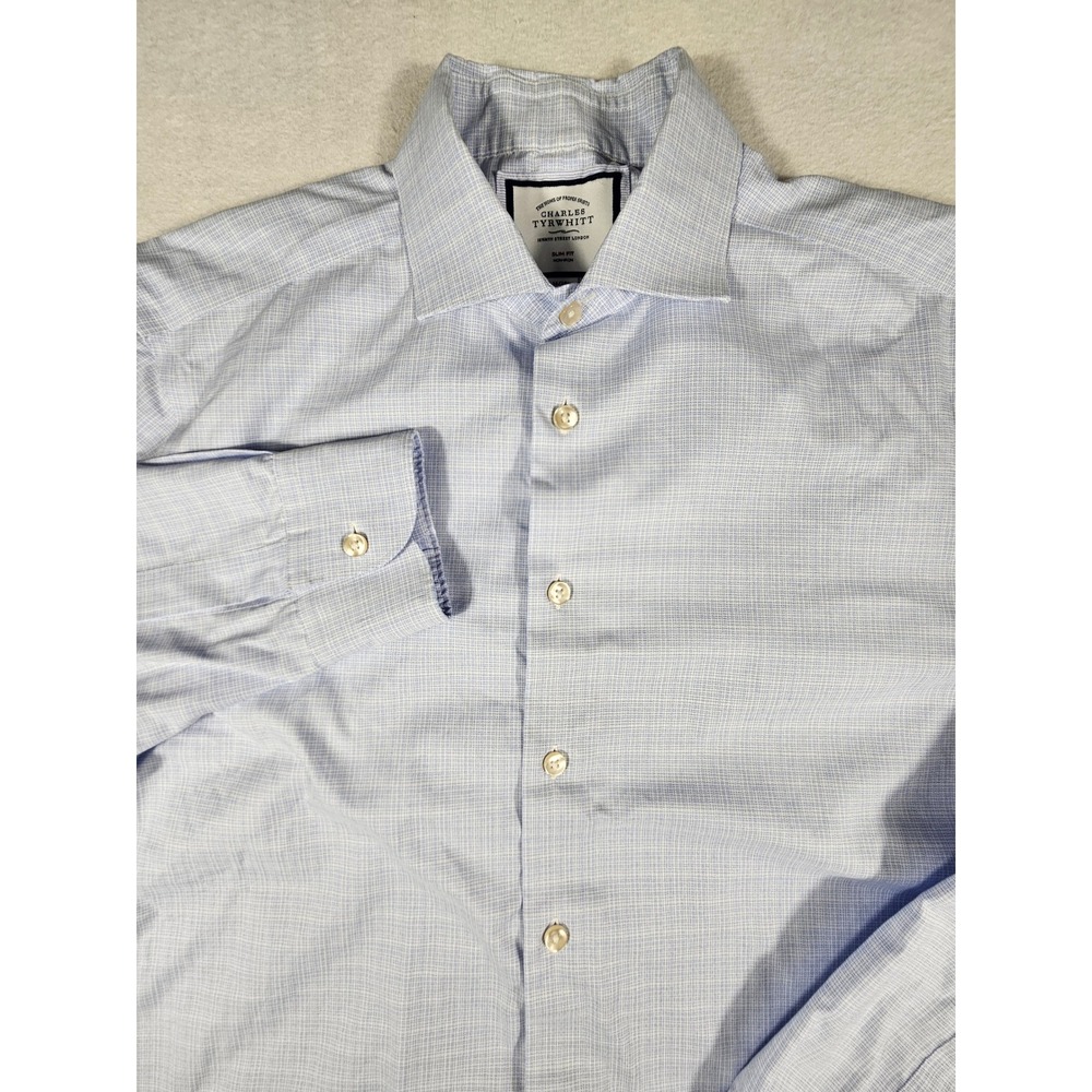Charles Tyrwhitt‎ Slim Fit Non-Iron Dress Shirt Blue White Textured 16/34 SS20